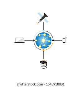 Internet networking wide area network vector icon design illustration with satellite, computer, Mobile phone and database connections