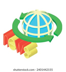 Internet news icon isometric vector. Arrow around globe grid, news inscription. Screen saver, media, television