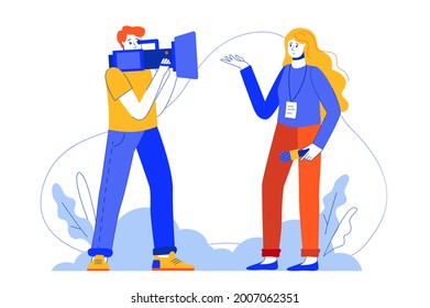 Internet news web concept. Journalist with microphone records reportage or video for online media. Vector illustration in minimal flat design for blog, app design, onboarding screen, social media