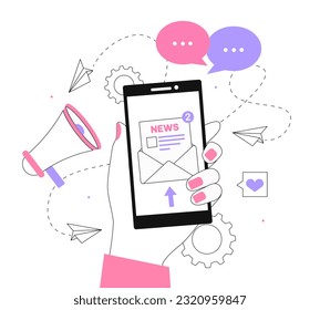 Internet newspaper at smartphone line concept. Hand with mobile phone. Mas media, information on Internet. Notification and alert on application or program. Linear flat vector illustration