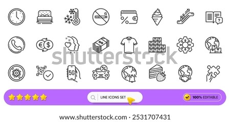 Internet notification, Bed and International delivery line icons for web app. Pack of Escalator, Ice cream, Time pictogram icons. Puzzle, Money exchange, Car leasing signs. Usd currency. Vector