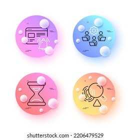 Internet notification, Time and Fingerprint minimal line icons. 3d spheres or balls buttons. Teamwork icons. For web, application, printing. Alarm notice, Clock, Biometric scan. Remote work. Vector