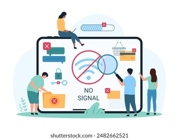 Internet sin conexión, señal de red débil o sin conexión. Personas pequeñas con lupa examinan el Mensaje de error de advertencia de mala conexión inalámbrica en la pantalla de la tableta, bloqueo de acceso Ilustración vectorial de dibujos animados