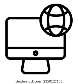 Internet auf Desktop-Linie Symbol. Computer mit Planet-Vektorgrafik einzeln auf Weiß. Netzwerk auf Geräte-Umriss-Stil für und App.