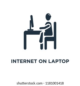 Internet on Laptop computer icon. Black filled vector illustration. Internet on Laptop computer symbol on white background. Can be used in web and mobile.