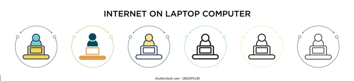 Icono de Internet en el equipo portátil con estilo relleno, delgado, contorno y trazo. Ilustración vectorial de dos Internet de color y negro en los diseños de iconos vectores de computadoras portátiles se pueden utilizar para móviles, 