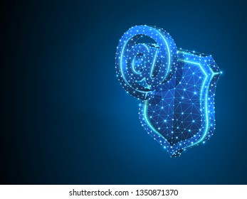 Internet AT on security shield, abstract neon 3d illustration. Polygonal Vector business concept of e-mail, web communication protection. Low poly wireframe, geometry triangle, lines, dots