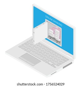 Internet online banking concept. Laptop with bank safe. Vector. Isometric view.