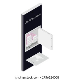 Internet online banking concept. Smartphone with bank safe. Vector. Isometric view.