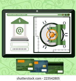 Internet online banking. Plate with site of bank where enter a password to login to profile at bank flat design style
