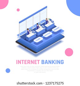 Internet online banking service isometric symbolic composition with clerks behind credit deposit counters mobile application  vector illustration
