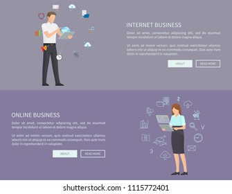 Internet and online business pages set, man and woman working on laptops, icons surround employees, text sample with headlines vector illustration