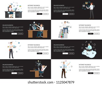 Internet and online business pages set, development of enterprises using electronic devices, modern services, new applications vector illustration