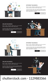 Internet and online business web pages collection, people working on improvement, laptops usage, modern devices global involvement vector illustration