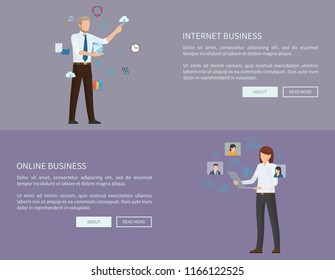 Internet online business web pages set with businessman choosing options, woman looking at employees profiles, text sample, button vector illustration