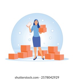 Internet or online communication. Businesswoman holding cardboard box and promoting on social media. Concept of Young People Using Smartphones. Flat vector illustration.