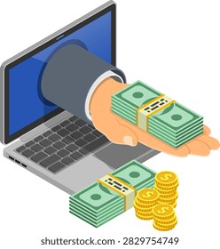 Internet Online Earnings Isometric Concept Hand from laptop with money. internet income, onilne earnings, income from gambling concept. Isometric icons. vector illustration