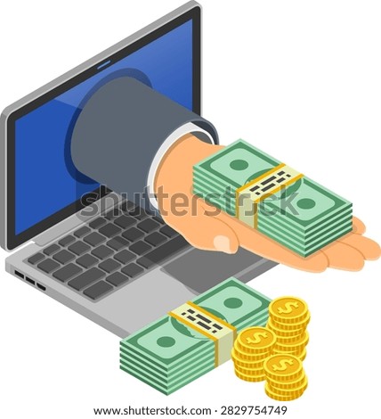 Internet Online Earnings Isometric Concept Hand from laptop with money. internet income, onilne earnings, income from gambling concept. Isometric icons. vector illustration
