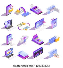 Internet Online Mobile Banking Services Isometric Icons Collection With Loading Money Onto Card Building Credit Vector Illustration