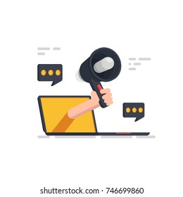 Internet online promotion, message advertising vector concept,  hand hold speaker megaphone, laptop pop-up messages flat illustration isolated on white background