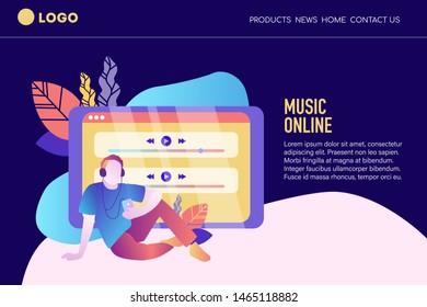 Internet online radio concept for music applications, playlist online songs, radio station. Landing page template. 