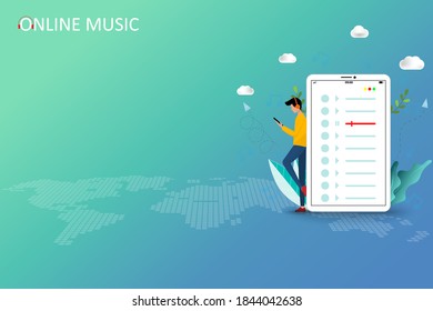 Internet online radio streaming, music applications, playlist online podcast concept, young man is listening to the music by using smartphone in blue green shade color background.