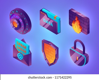 Internet online security 3D. Personal data web protection safety computer internet services firewall vector isometric pictures. Illustration of security and protection internet, online safety password