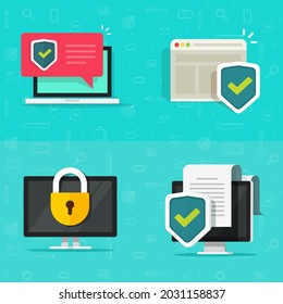 Internet online security digital tech vector icon set with laptop pc computer screen and shield protection sign on browser and document notice notification, privacy lock or information protect idea