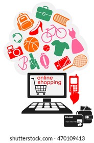 Internet Online Shopping. Colored Goods Icons Flying from the Computer.
