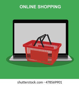 Internet online shopping concept, laptop and cart, vector illustration