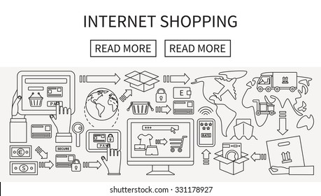 Internet online shopping, e-commerce banner. Flat line vector illustration.