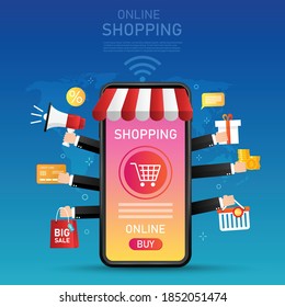 internet online shopping on smartphone. e-commerce concepts. vector illustration in flat style modern design. mobile phone online advertising. megaphone with shopping icons.