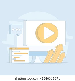 Internet online video player, Business video marketing. player on computer screen, video content marketing. Video content social media marketing. Flat design illustration in the background.