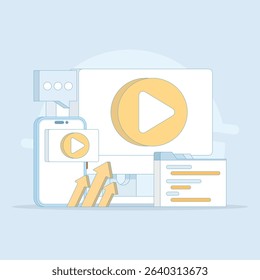 Internet online video player, Business video marketing. player on computer screen, video content marketing. Video content social media marketing. Flat design illustration in the background.