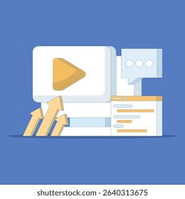 Internet online video player, Business video marketing. player on computer screen, video content marketing. Video content social media marketing. Flat design illustration in the background.