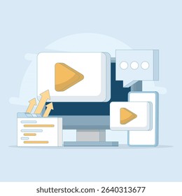 Internet online video player, Business video marketing. player on computer screen, video content marketing. Video content social media marketing. Flat design illustration in the background.