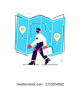 Internet order delivery tracking. GPS navigator service website flat design element. Pointer, magnifier, map. Route online planning, path finding. Flat vector isolated concept metaphor illustration