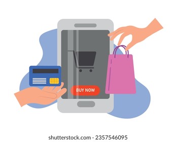 Internet order from the store. Shopping paper bag, credit card as payment method. The concept of online store, e-commerce, phone. Vector illustration.