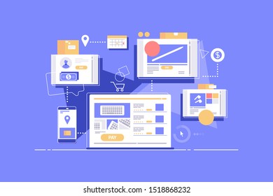 Internet ordering goods vector illustration. Multicolored types of international web sites that allow users to buy different high quality products and commodities. Online shopping concept