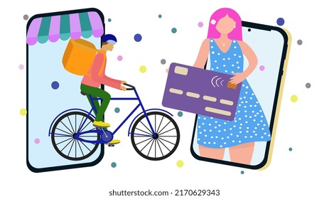 Internet orders and delivery. A courier on a bicycle quickly delivers an online order. A girl with a credit card in her hands pays the courier for her order.