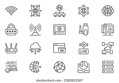 Internet outline icons set. Linear icon collection. Editable stroke. Vector illustration