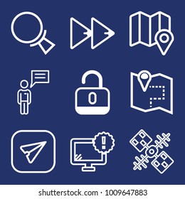 Internet outline vector icon set on navy background