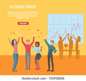 Internet page with full information about successful startup concept. Cartoon office employee characters celebrate success vector illustration. Instructions that lead to stated business goal.