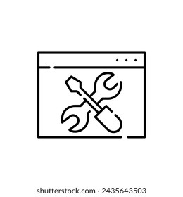 Página de Internet con destornillador y llave. Icono de cuadro de herramientas del explorador. Optimización de la actividad del usuario en línea. Diseño perfecto de píxeles