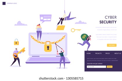 Página de Inicio de Concepto de Seguridad de Contraseña de Internet. Hombre roba datos financieros seguros de portátiles. Página Web o Sitio Web de la Tecnología de Protección Informática de ataque a hackers de Internet. Ilustración de vectores planos de dibujos animados