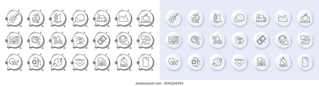 Pagamentos pela Internet, ícones de linha de mensagem Fisherman e Dots. Botões 3d de pino branco, ícones de bolhas de chat. ícone Grupo de Engenharia, Funcionário, Tempo de cobrança. Vetor