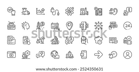 Internet pay, Headshot and Lightning bolt line icons pack. AI, Question and Answer, Map pin icons. Phishing, Alarm clock, Artificial intelligence web icon. Vector