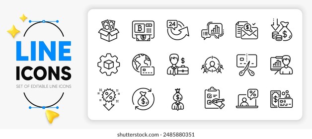Los iconos de línea de Internet pay, Manager y Presentation board para el App incluyen Deflation, Business targeting, Card Outline thin icon. Bancarrota, Soborno, Icono de pictograma de informe contable. Vector