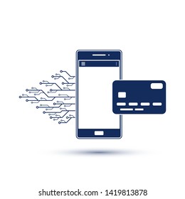 Internet payment concept icon. Smartphone with credit card and printed circuit board lines. Flat style black and white silhouette illustration.