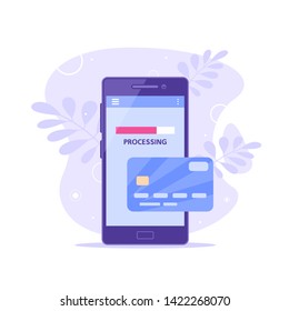 Internet payment with mobile phone concept banner. Smartphone with credit card. Flat style illustration.